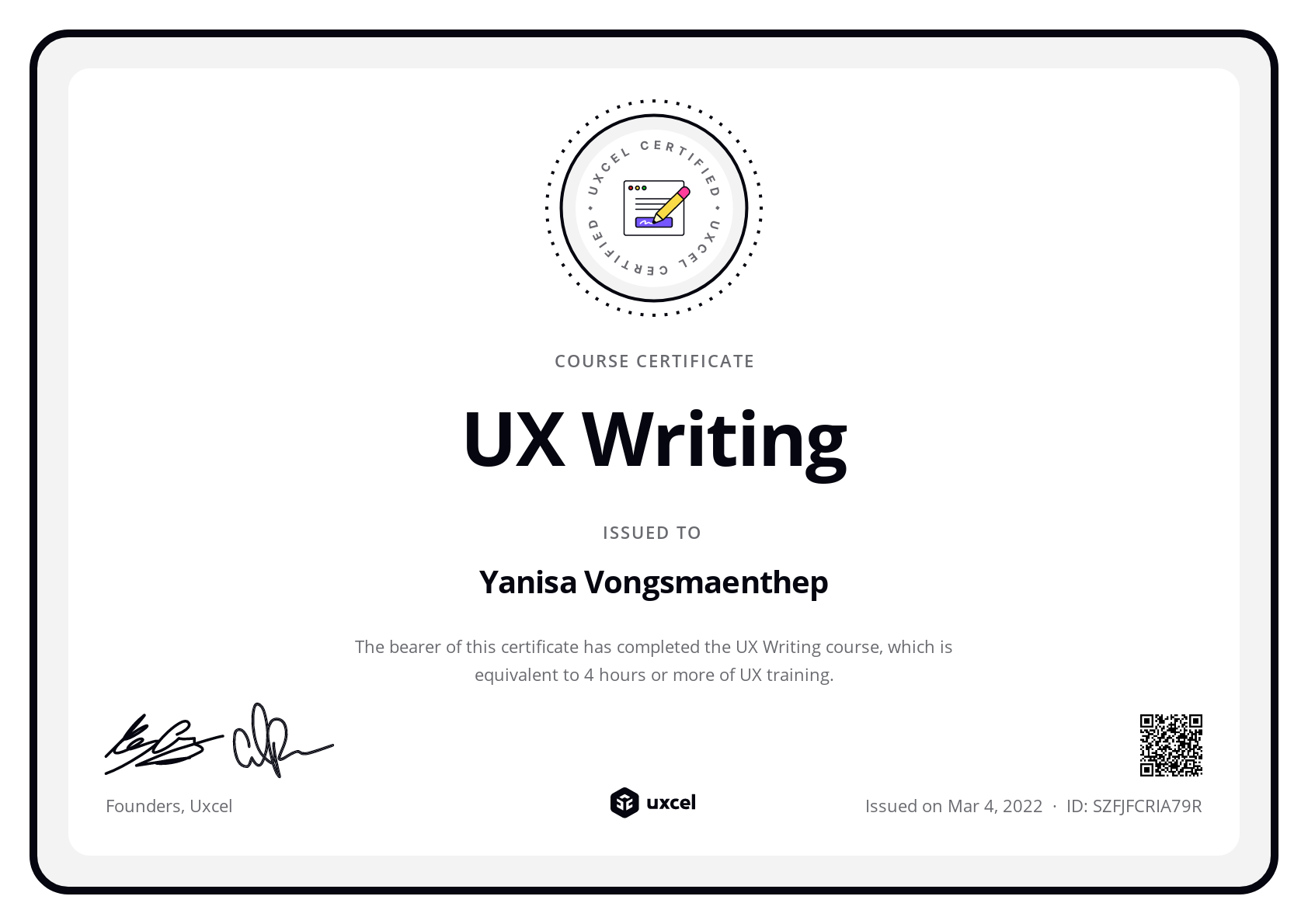 Yanisa Vongsmaenthep's certificate